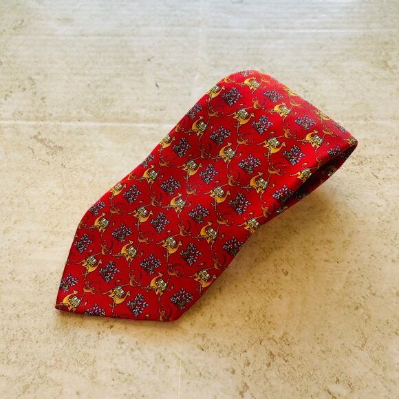 Salvatore Ferragamo Mens Silk Red Tie/ Yellow Camel Monkey & Floral Print - Picture 4 of 5